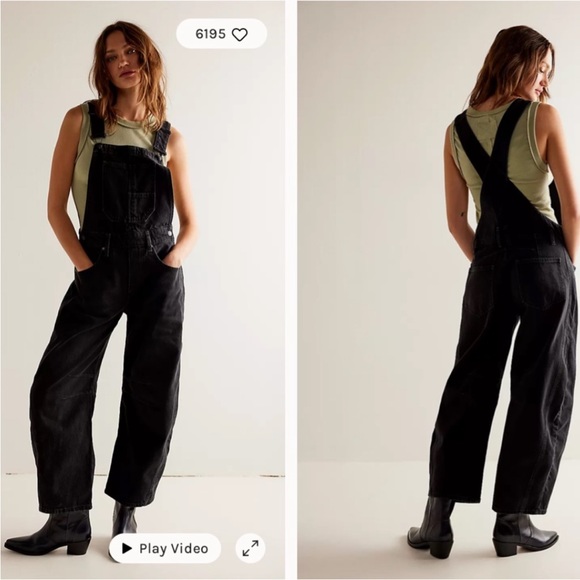 Free People Pants - Free People Black Denim Good Luck Barrel Overalls Sz. L